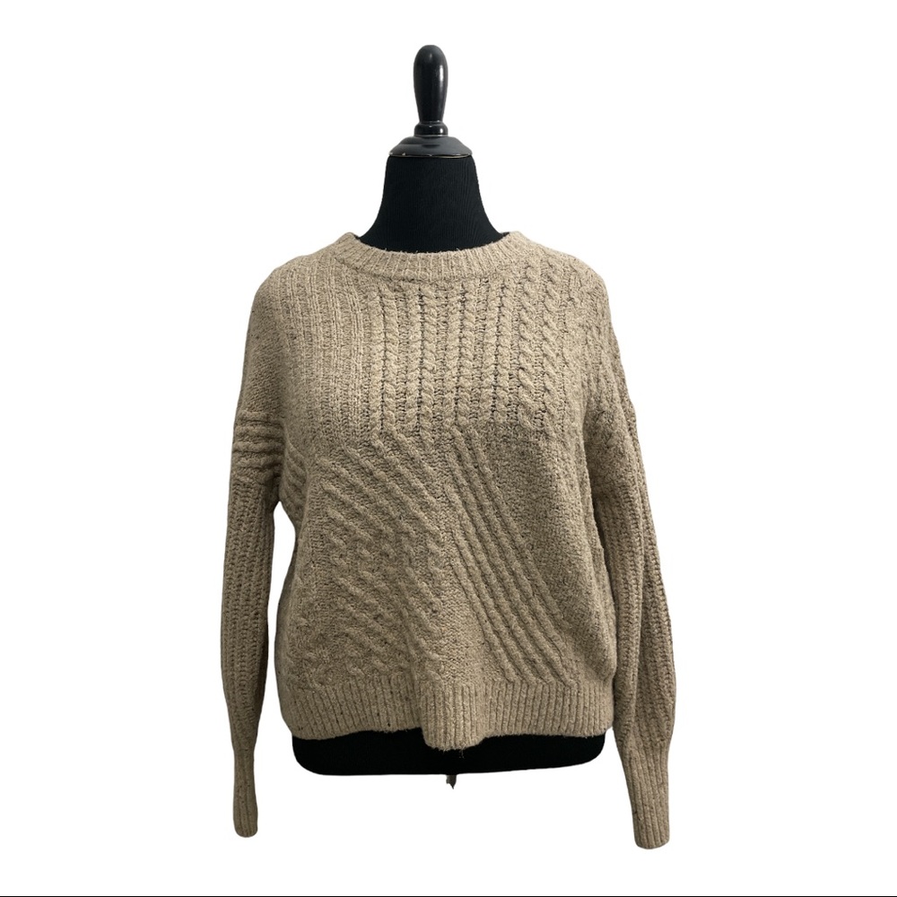 Tan Marled Knit Cable Sweater